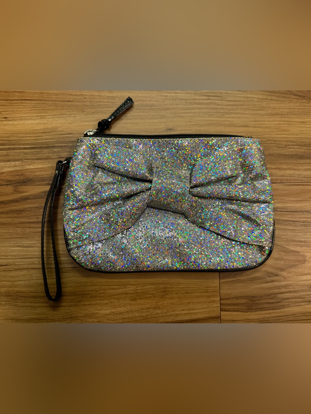 Glitter Bow Wristlet Clutch - Silver/Irridescent